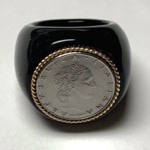 14k Milor Gold Lira Coin/Onyx Ring SZ 6